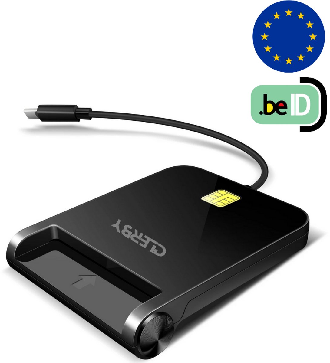Zwarte Clerby eID kaartlezer met USB-C kabel en EU-vlag. .beID logo.