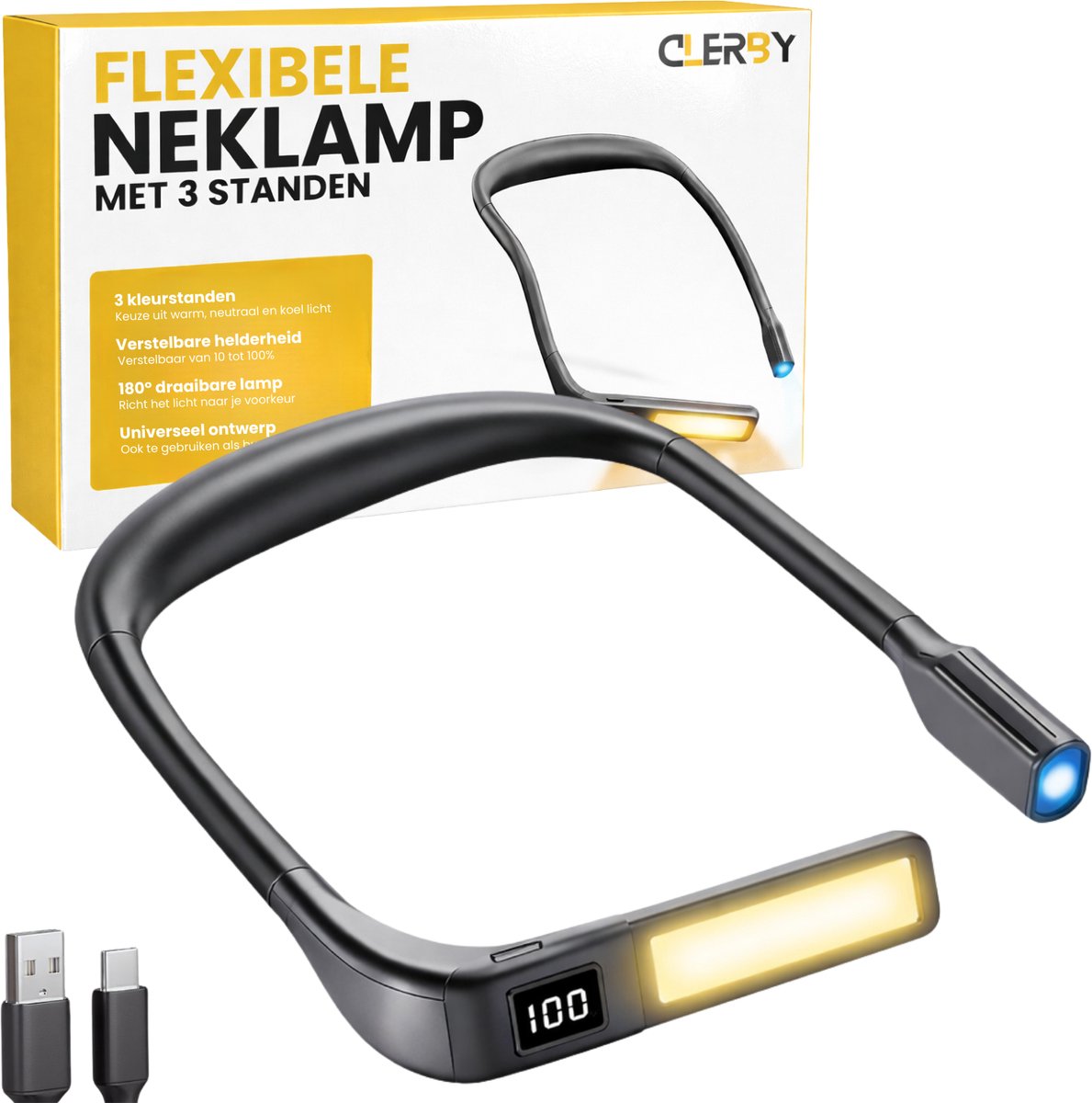Zwarte flexibele nek lamp met 3 standen en een digitaal display.