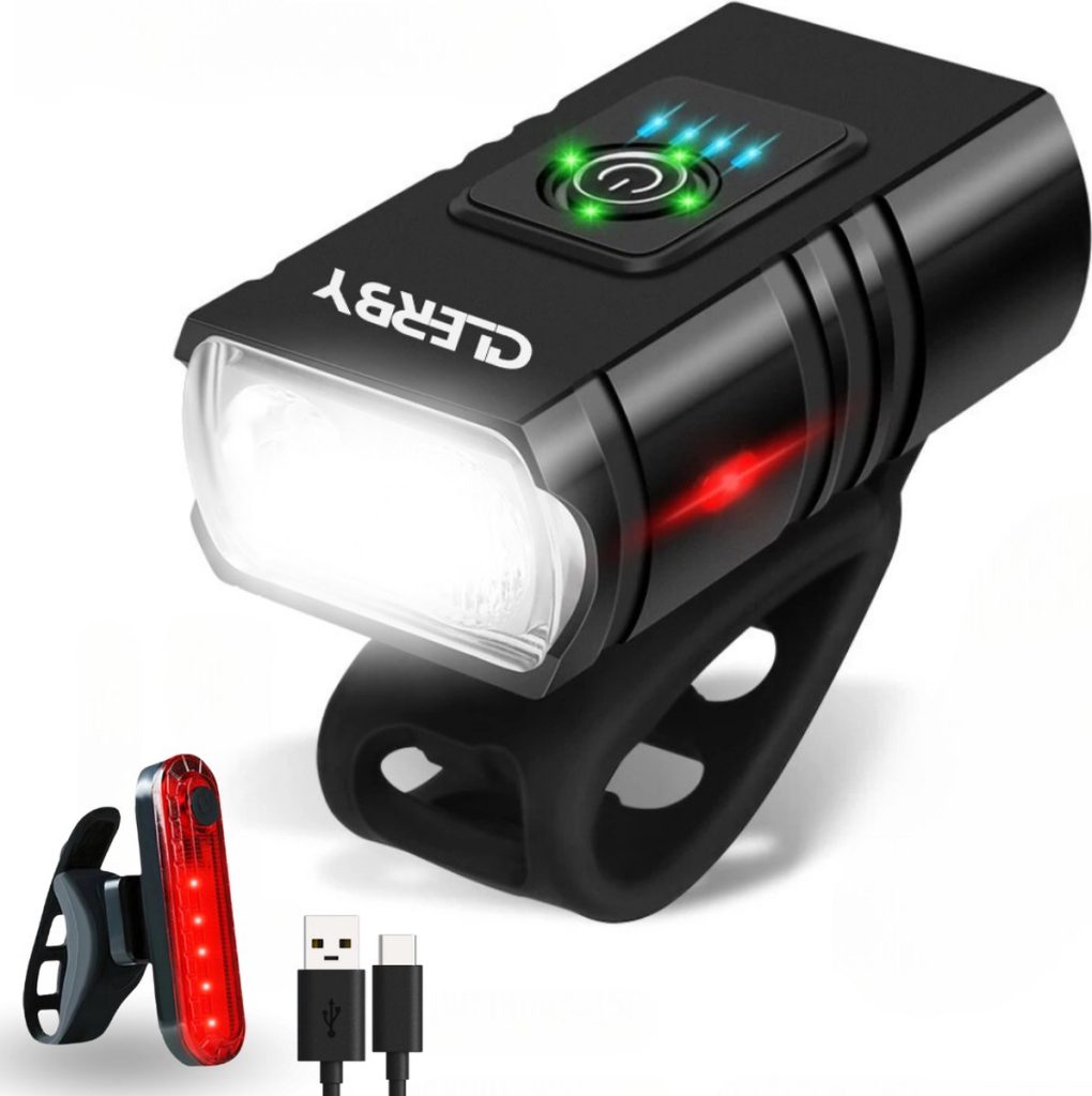 Zwarte fietsvoorlamp met USB-poort, rode en groene LED's. Achterlicht en USB-kabels worden meegeleverd.