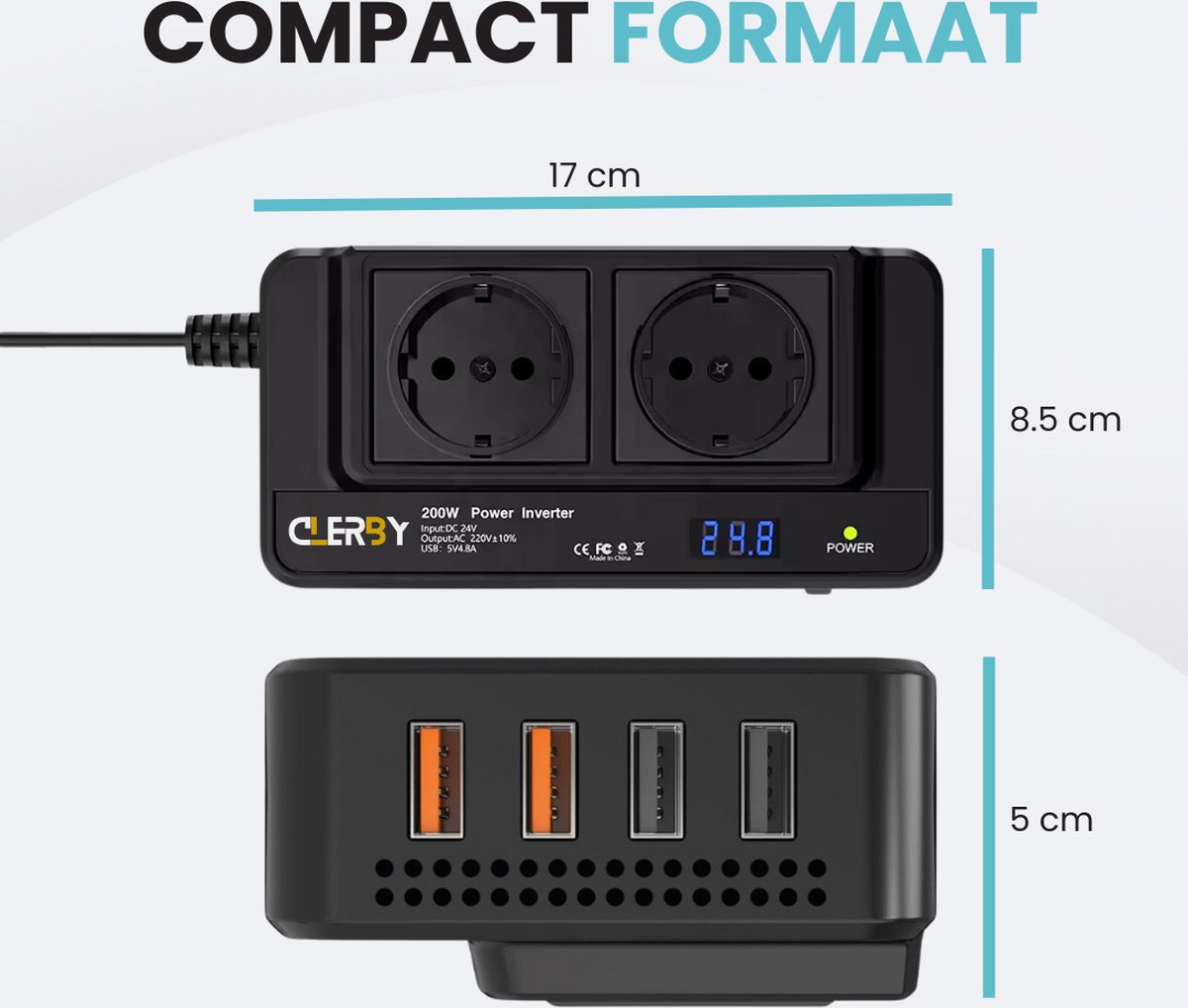 Afmetingen Clerby 200W power inverter: 17 cm breed, 8.5 cm hoog met twee stopcontacten en 5 cm hoog met vier USB-poorten.