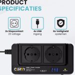 Product specificaties Clerby 200W power inverter: 2x stopcontact, 4x USB ingang, 6x veiligheidssystemen en display.