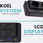 Zwarte Clerby power inverter met twee stopcontacten, vier USB-poorten en LCD display dat het verbruik laat zien.