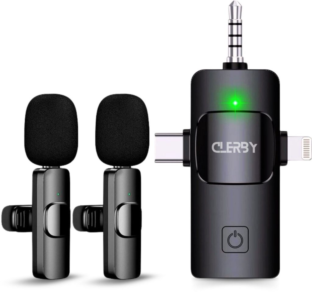 Set van 2 zwarte dasspeld microfoons en een zwarte ontvanger met USB-C en Lightning aansluiting.