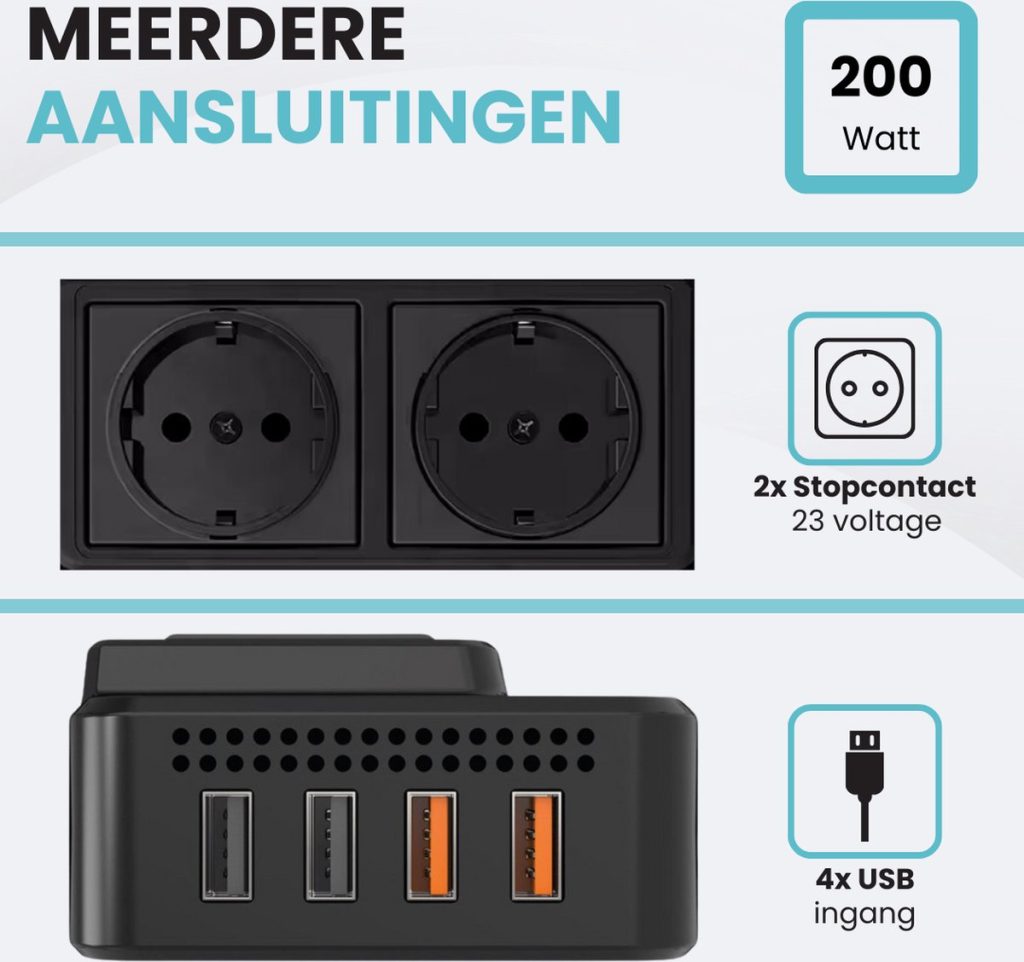 Clerby 200W power inverter met twee stopcontacten en vier USB-poorten. Twee stopcontacten 23 voltage, vier USB ingangen.