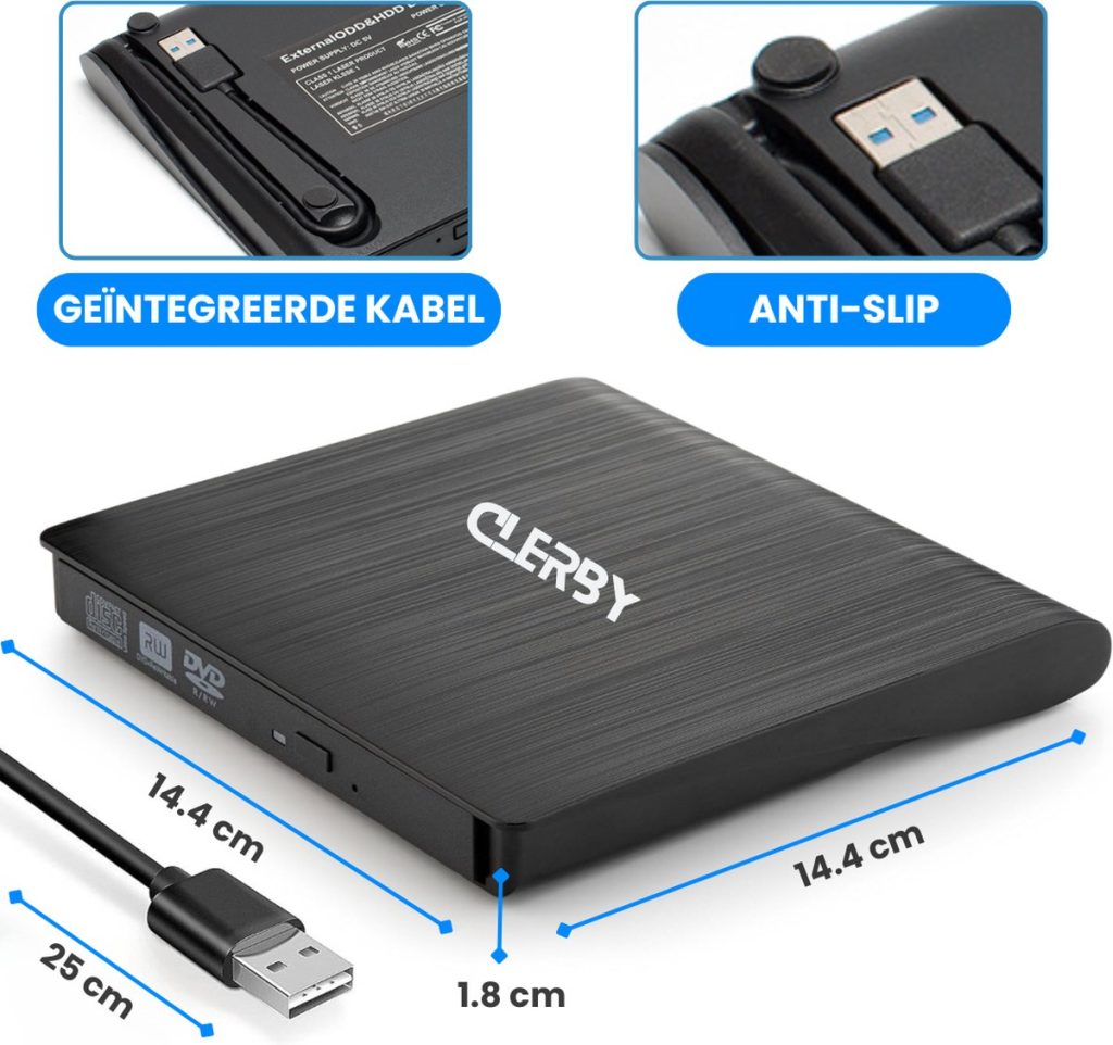Zwarte Clerby externe DVD-speler met afmetingen 14,4 cm x 14,4 cm x 1,8 cm en USB-kabel van 25 cm.