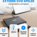 Zwarte Clerby externe DVD-speler met "Externe DVD speler" tekst, "USB 3.0", "Brander functie" en "Compact formaat" iconen.