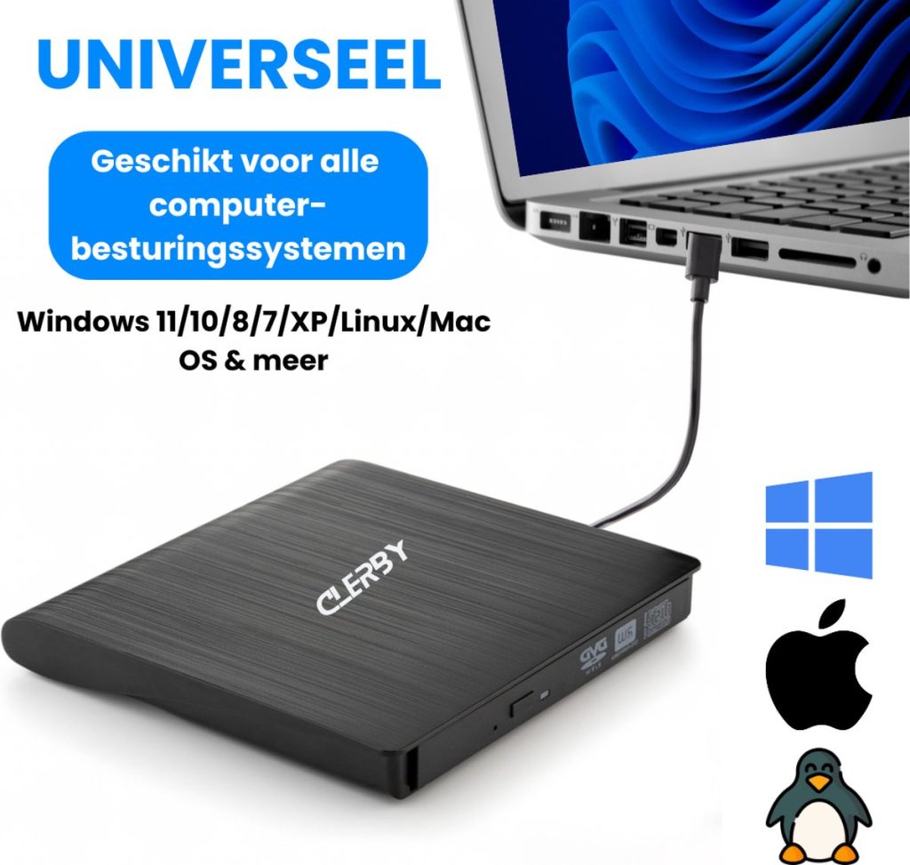 Zwarte Clerby externe DVD-speler met "Universeel" tekst, verbonden met een laptop met Windows 11 logo.