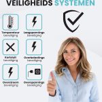 Vrouw met duim omhoog, toont iconen voor temperatuur-, laagspanning-, kortsluiting-, overbelastings-, overstroom- en overspanningsbeveiliging.