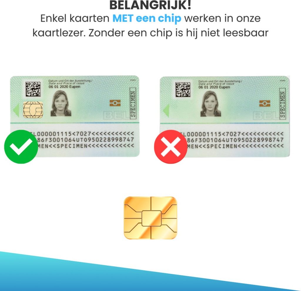 Vergelijking van Belgische ID-kaarten: Eén met chip (groen vinkje) en één zonder chip (rood kruis). Goudkleurige SIM-kaart chip.