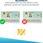 Vergelijking van Belgische ID-kaarten: Eén met chip (groen vinkje) en één zonder chip (rood kruis). Goudkleurige SIM-kaart chip.