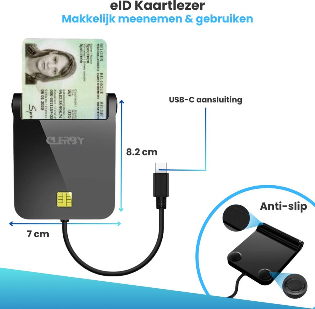 Zwarte eID kaartlezer van 7x8.2 cm met USB-C aansluiting, Belgische ID-kaart en anti-slip doppen.