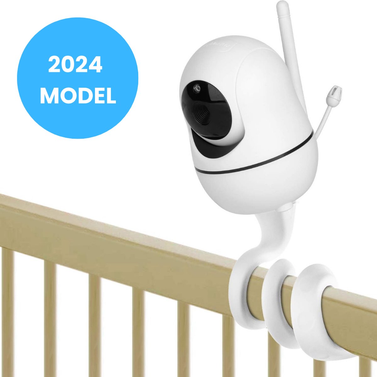 Witte babyfoonhouder met zwanenhals, model 2024, bevestigd aan een houten babybedje.