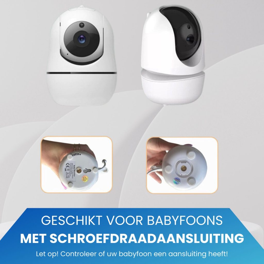 Twee witte babyfoons, een met zwarte lens en antenne, de ander met een gebogen antenne. Onderin de bodems van de babyfoons.