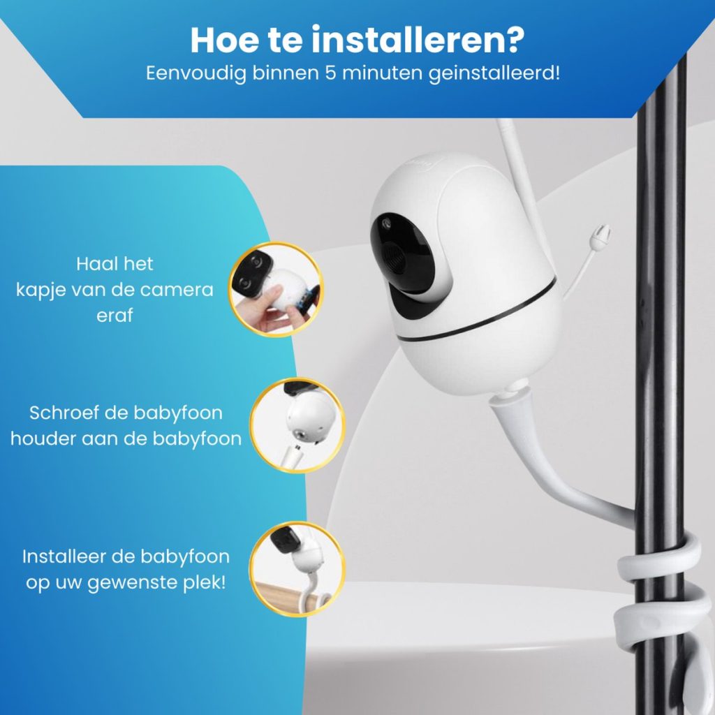 Installatie-instructies voor de babyfoonhouder: kapje van camera halen, houder aan babyfoon schroeven, babyfoon plaatsen.