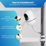 Installatie-instructies voor de babyfoonhouder: kapje van camera halen, houder aan babyfoon schroeven, babyfoon plaatsen.