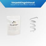 Witte herbruikbare verpakking met Clerby logo, naast een witte babyfoonhouder in spiraalvorm.