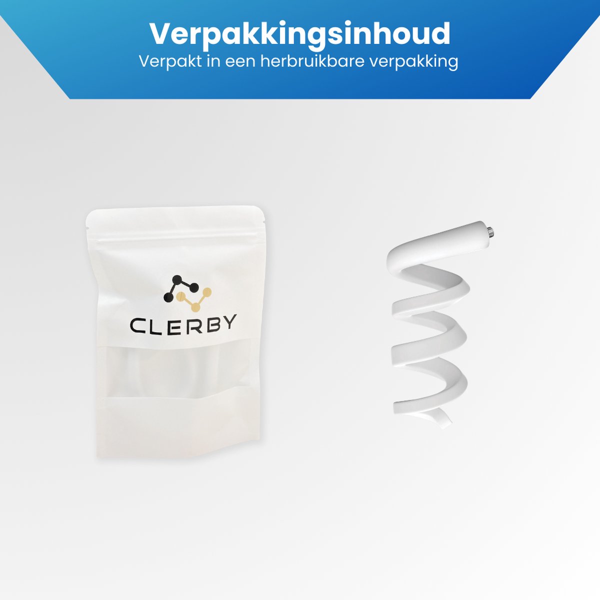 Witte herbruikbare verpakking met Clerby logo, naast een witte babyfoonhouder in spiraalvorm.