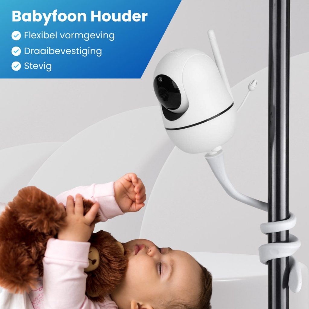 Witte babyfoonhouder met zwanenhals, bevestigd aan een zwarte staander. Een slapende baby met knuffel onderaan.