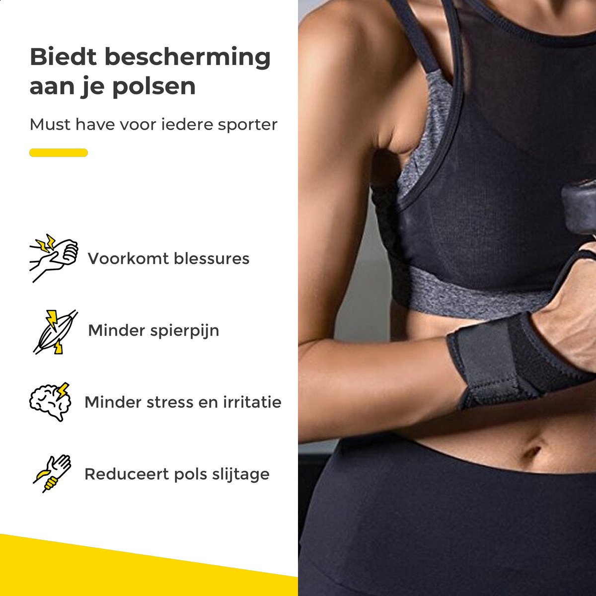 Vrouw in sportkleding draagt zwarte polsband tijdens krachttraining.