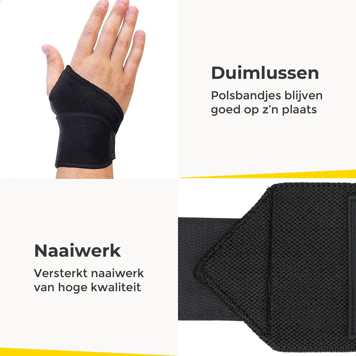 Zwarte polsband met duimlus voor stevige ondersteuning.