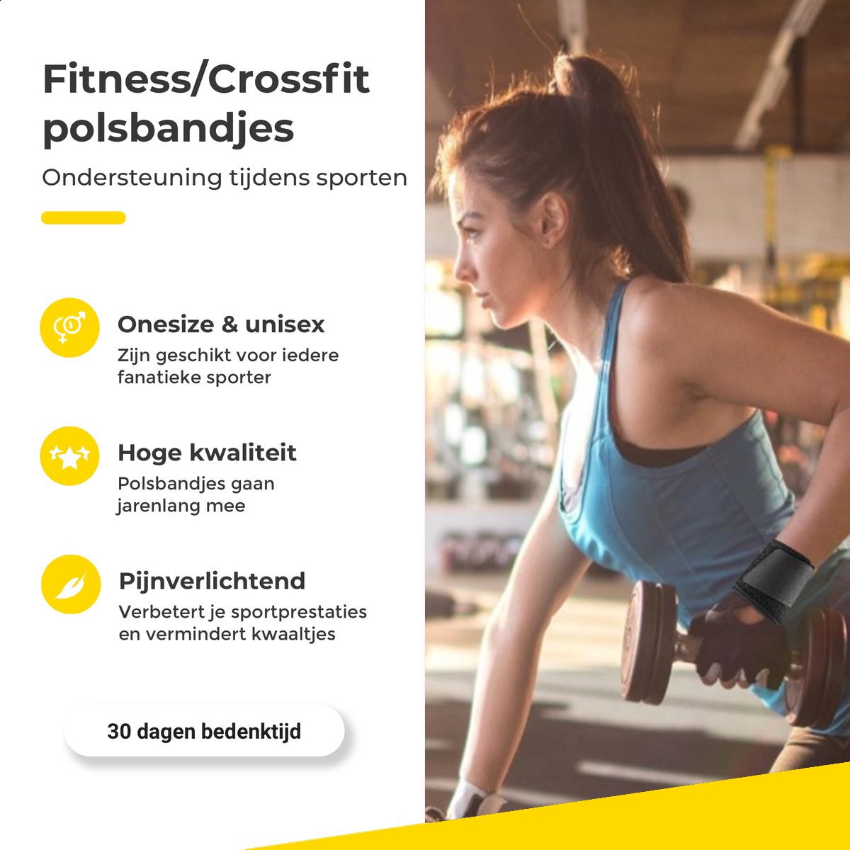 Vrouw in sportkleding draagt zwarte polsband tijdens het trainen met gewichten.