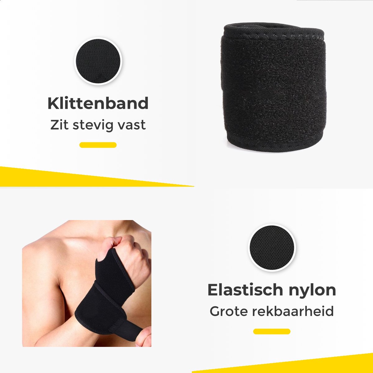 Zwarte polsband van elastisch nylon met klittenband. Detailopname.