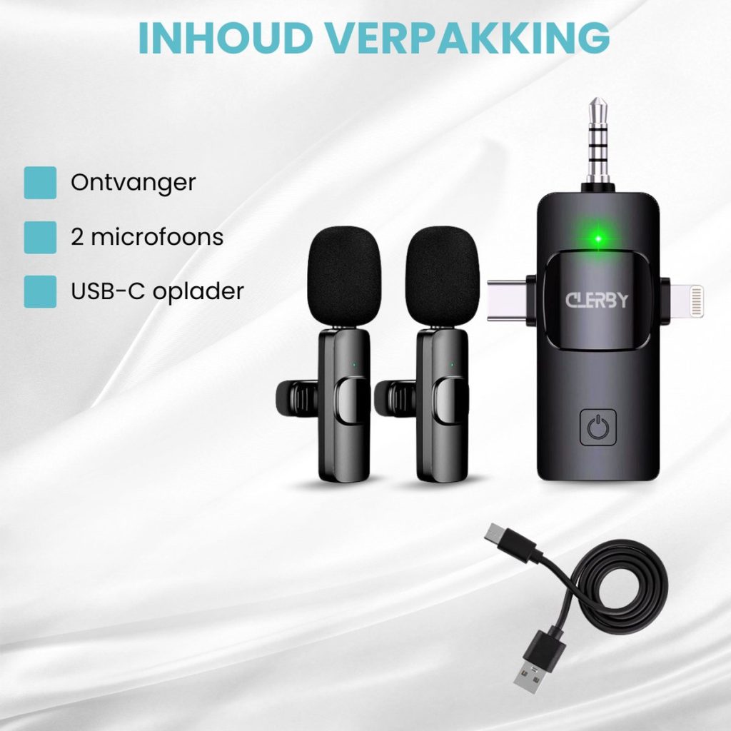 Inhoud verpakking: ontvanger, 2 microfoons, USB-C oplader. Zwarte microfoons en ontvanger met USB-C en Lightning.