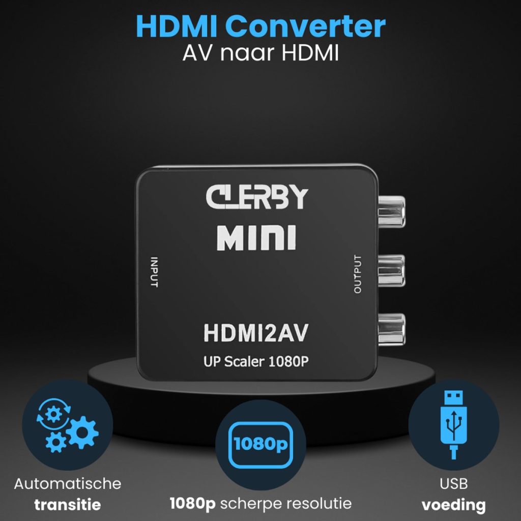 Zwarte 'Clerby MINI HDMI2AV UP Scaler 1080P' adapter op een sokkel, met 'INPUT' en 'OUTPUT' aanduidingen.
