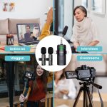 Toepassingen Clerby microfoon: online les, vlogs, interviews, livestreams. Beelden van mensen die opnemen.