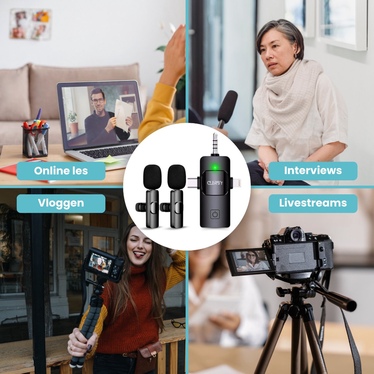 Toepassingen Clerby microfoon: online les, vlogs, interviews, livestreams. Beelden van mensen die opnemen.