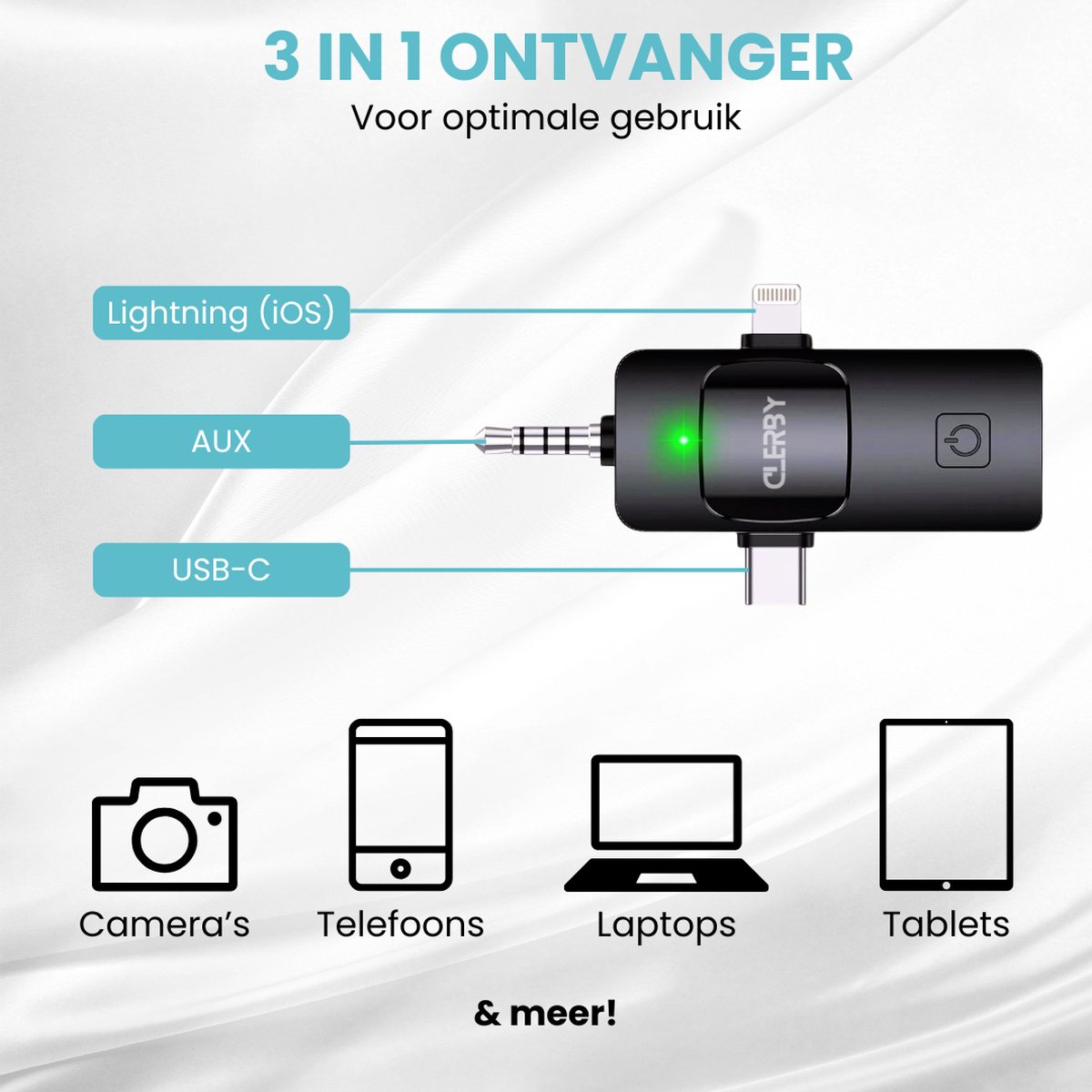Ontvanger met Lightning (iOS), AUX en USB-C aansluitingen voor camera's, telefoons, laptops en tablets.