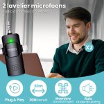 Man met Clerby microfoon en laptop. 2 microfoons, 20m bereik, Plug & Play, meervoudige aansluitingen, ruisonderdrukking.