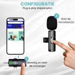 Configuratie Clerby microfoon: Bevestig en start ontvanger (1), start microfoon(s) (2). Smartphone met Bol.com.