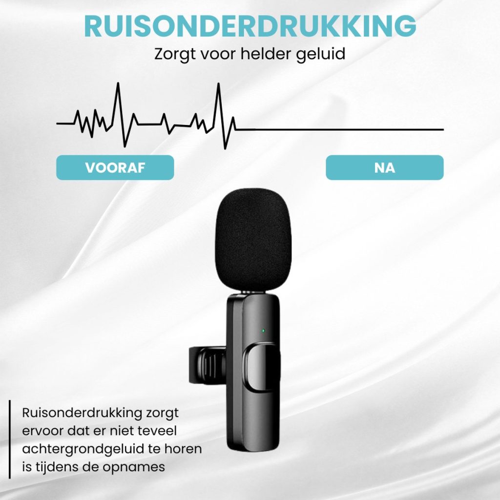 Zwart dasspeld microfoon met ruisonderdrukking. 'Vooraf' en 'Na' grafiek van geluidskwaliteit.