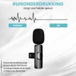 Zwart dasspeld microfoon met ruisonderdrukking. 'Vooraf' en 'Na' grafiek van geluidskwaliteit.