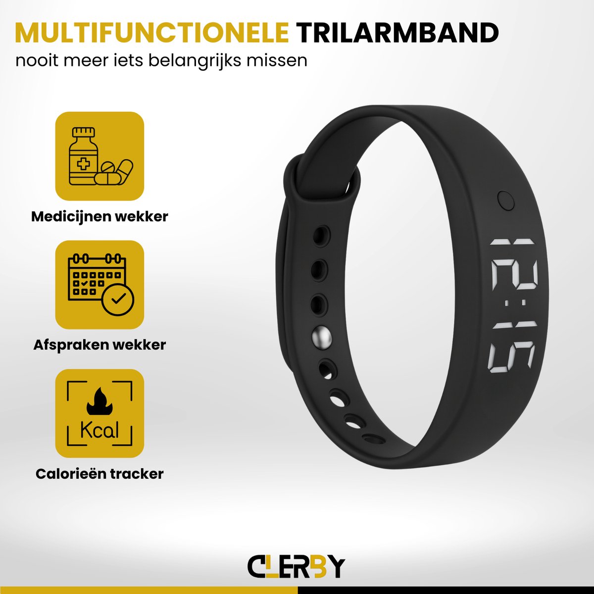 Zwarte trilarmband met functies: medicijnen, afspraken en calorieën.