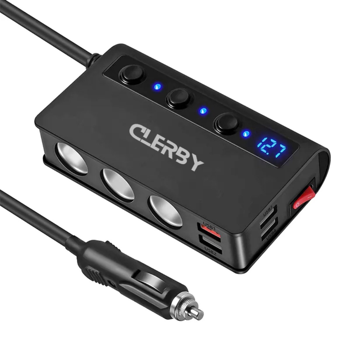 Zwarte sigarettenaansteker splitter met 4 USB-poorten en 3 aansluitingen, aangesloten op een auto-aansteker. Met de tekst "CLERBY", blauwe LED-lampjes en een voltage meter van 12.7.