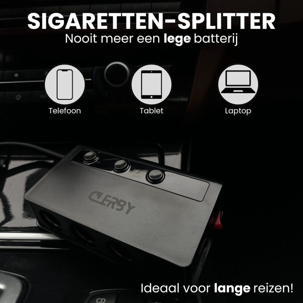 Zwarte sigarettenaansteker splitter met 3 aansluitingen en USB-poorten. "Sigaretten-splitter" "Nooit meer een lege batterij" "Telefoon", "Tablet", "Laptop" "Ideaal voor lange reizen!"