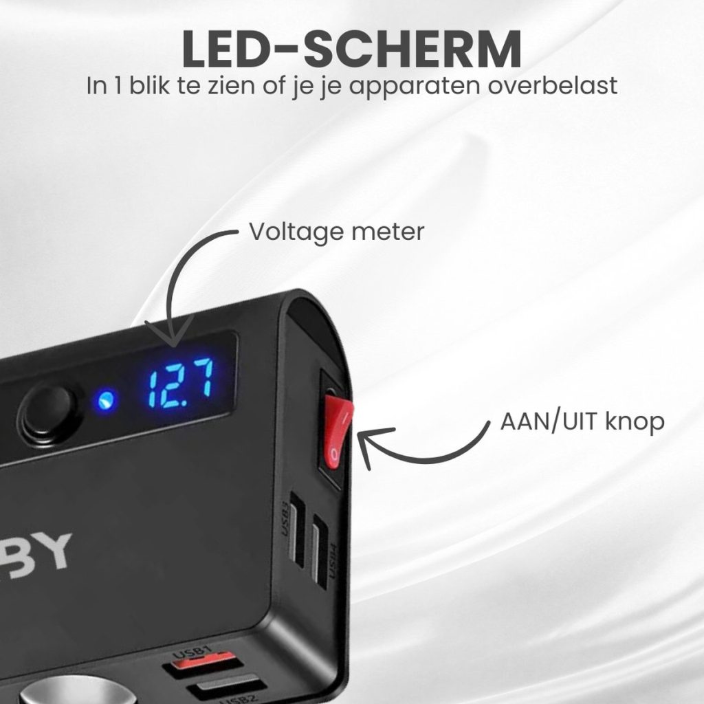 Zwarte sigarettenaansteker splitter met 4 USB-poorten en 3 aansluitingen. Met LED-scherm dat "Voltage meter" (12.7) en "AAN/UIT knop" toont. "LED-SCHERM" "In 1 blik te zien of je je apparaten overbelast."