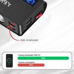 Zwarte sigarettenaansteker splitter met 4 USB-poorten en 3 aansluitingen, aangesloten op een auto-aansteker. Met de tekst "CLERBY", blauwe LED-lampjes en een voltage meter van 12.7. Pijl wijst naar "USB-Snellader".