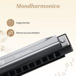Gedetailleerde foto van een glanzende zwarte mondharmonica met zilverkleurige details en de tekst "Harmonica" erop.