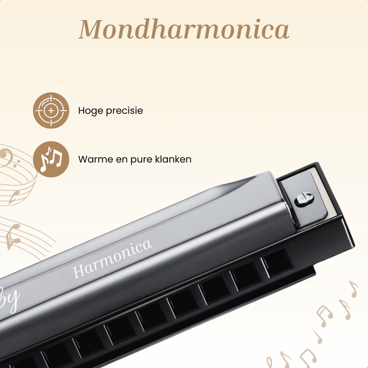 Gedetailleerde foto van een glanzende zwarte mondharmonica met zilverkleurige details en de tekst "Harmonica" erop.