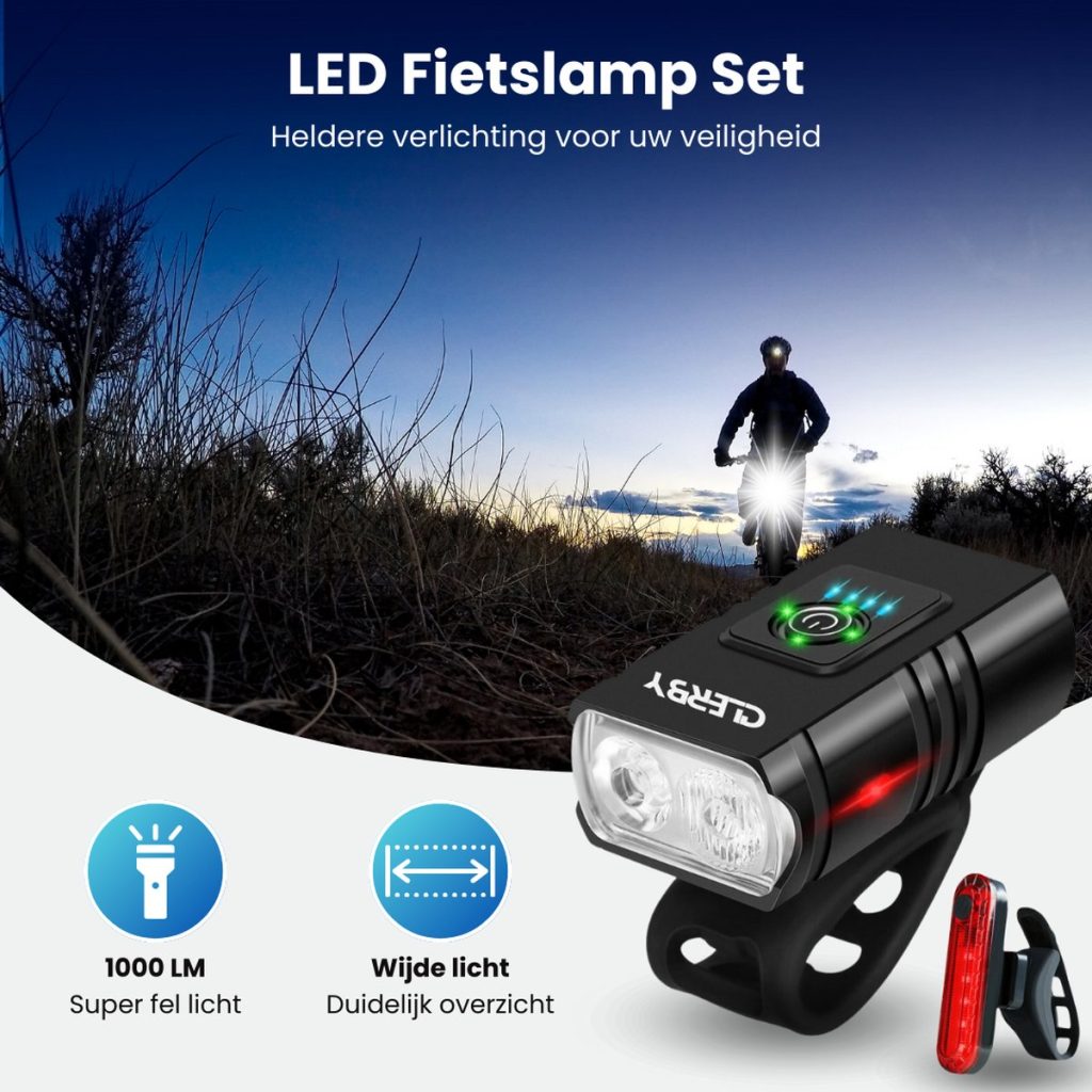 Zwarte fietslamp en achterlamp. Iconen tonen 1000 lumen en brede lichtbundel. Fietser silhouet op achtergrond.