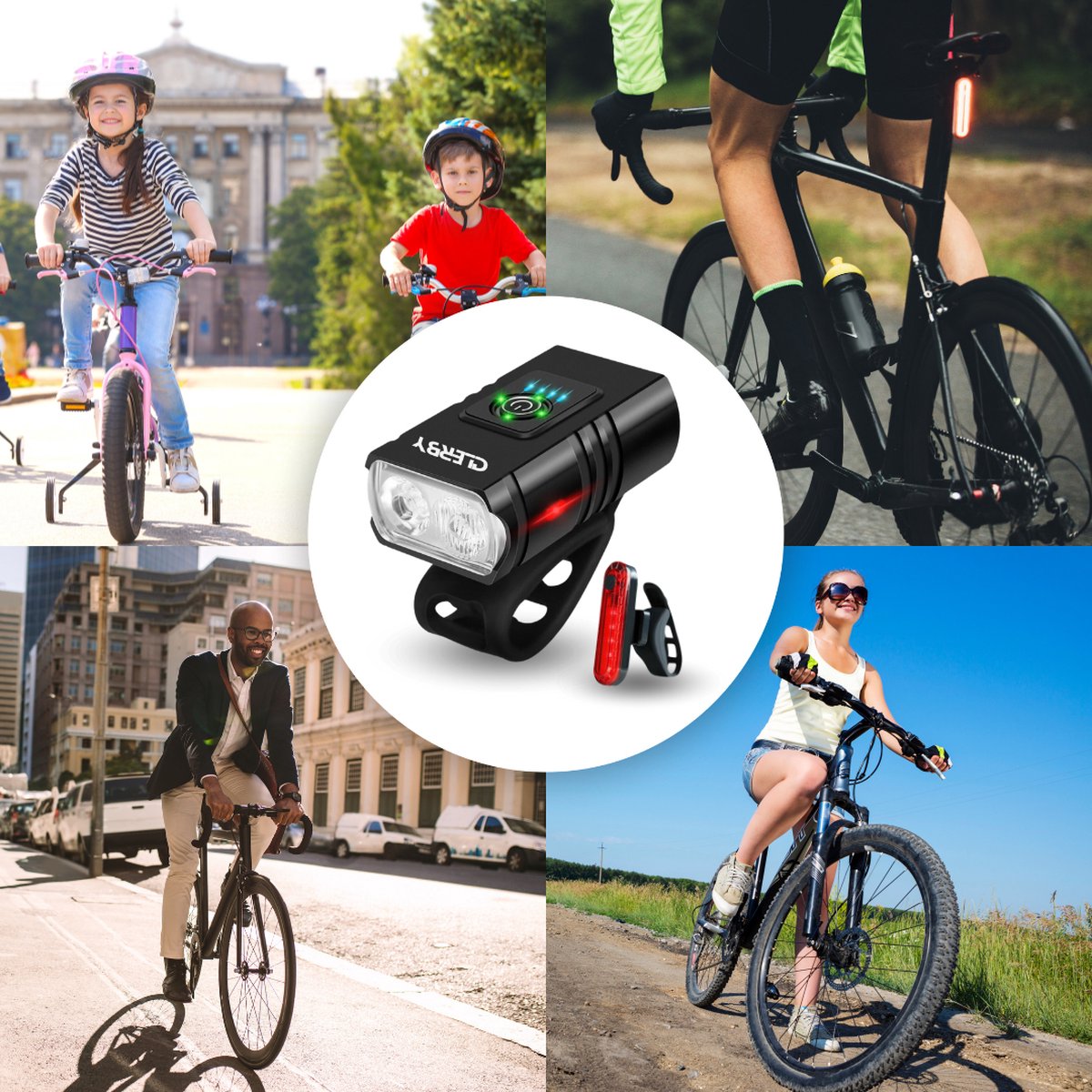 Collage van fietsers: kinderen op fietsen, volwassenen, racefiets, mountainbike. Centrale focus: fietslamp set.