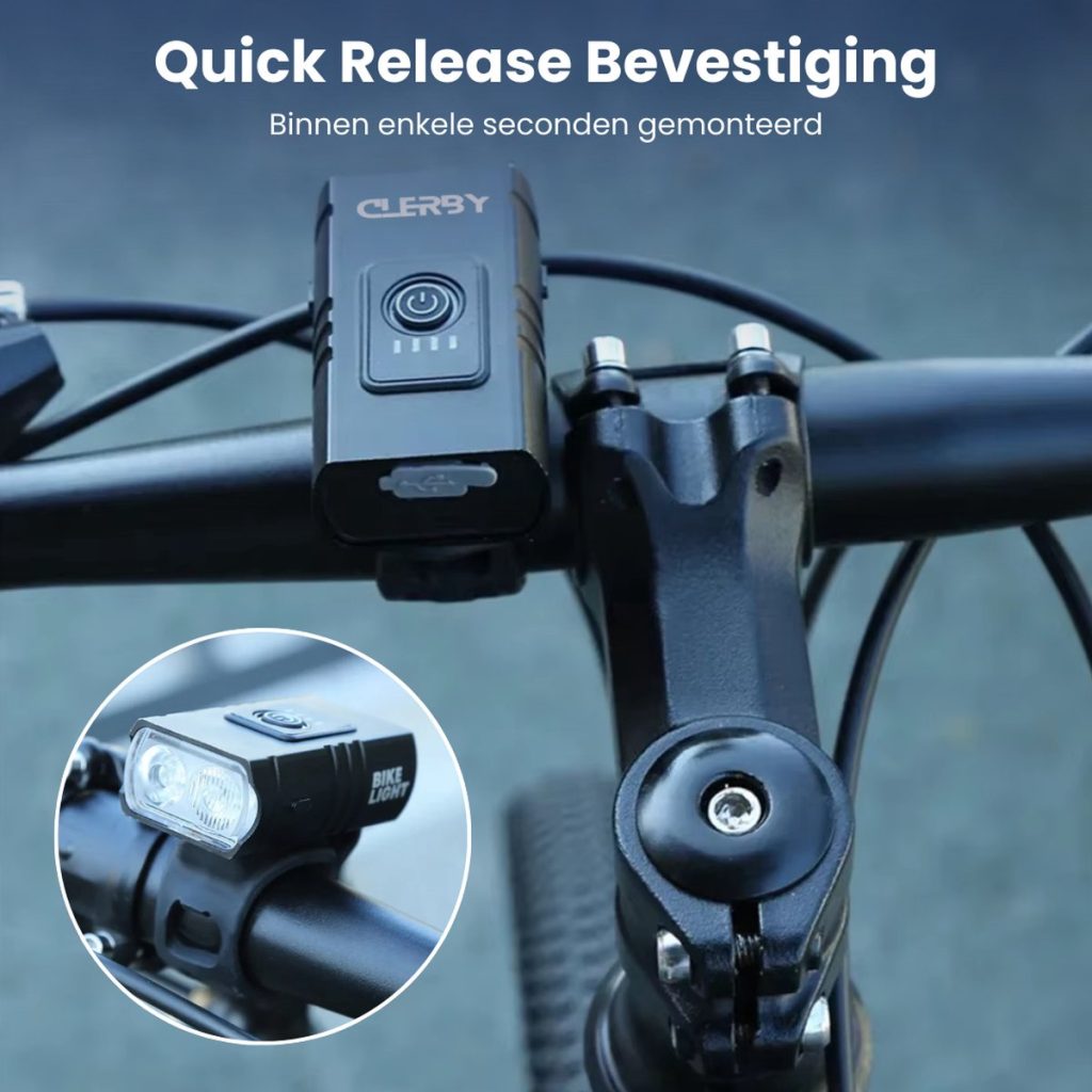 Zwarte fietslamp met "quick release" bevestiging op een fietsstuur. Inzet: detail van de lamp.