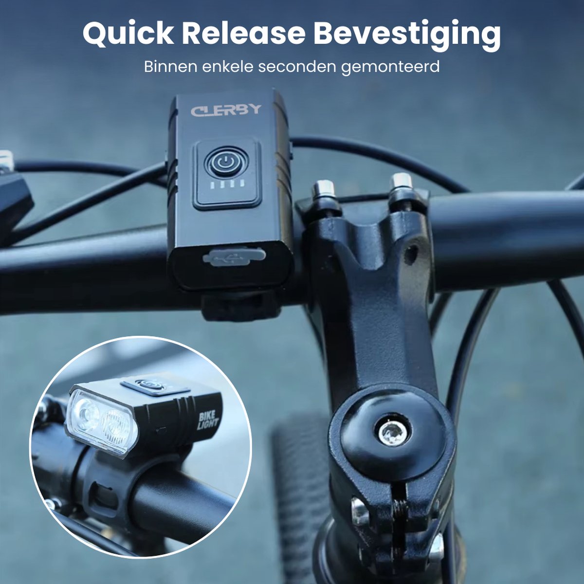 Zwarte fietslamp met "quick release" bevestiging op een fietsstuur. Inzet: detail van de lamp.