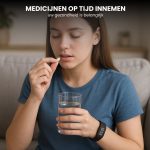 Vrouw met blauw T-shirt neemt pil met glas water. Draagt zwarte band met digitale tijd.