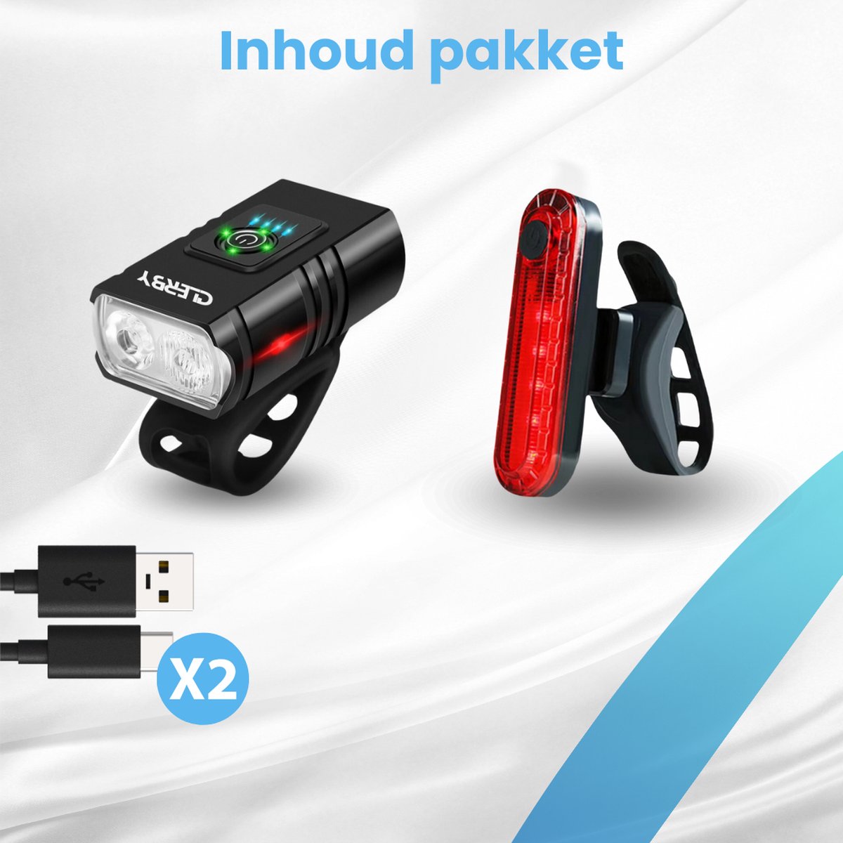 Set zwarte fietsverlichting: voorlamp met rode en groene LED's, achterlamp en twee USB-kabels.