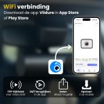 Smartphone met Clerby app interface, verbonden via WiFi met de dashcam, met opties voor delen en opslaan.