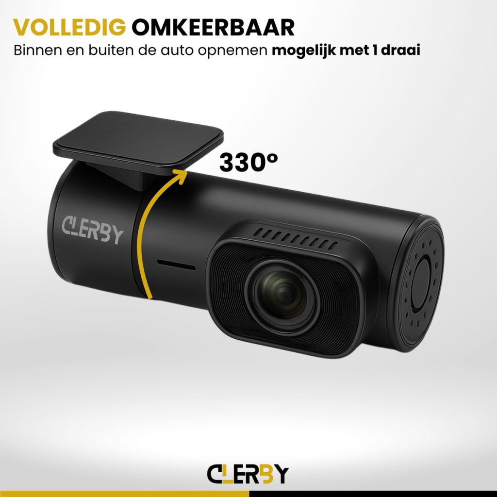 Zwarte, draaibare dashcam met een gele pijl die de 330° rotatie aangeeft.